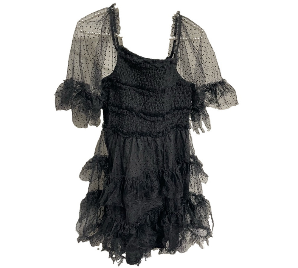 White Birch Black Swiss Dot Tulle Mini Dress M Smocked Ruffle Romantic Goth NWT - Picture 5 of 13
